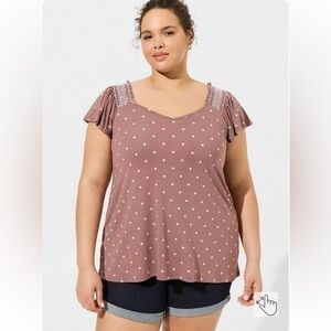 NWT ❤️ Torrid Super Soft Flutter Sleeve Smocked Honey Dots Rose Taupe Top, 5, 5X